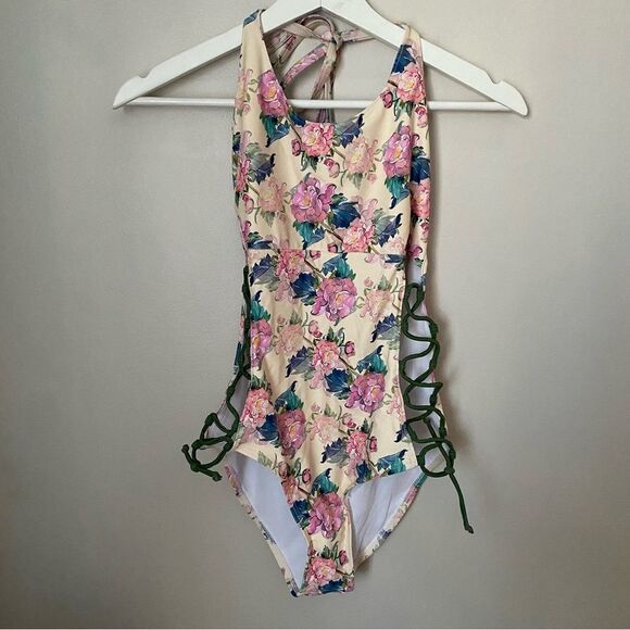 Military Hippie Bathing Suit One Piece Lace Up Sides Open Back Floral Print - Picture 1 of 8